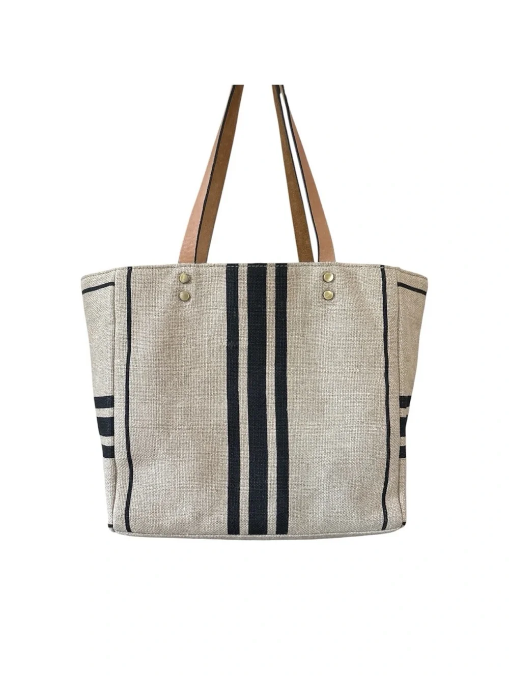J Jill Linen Italian Leather Stripe Tote Bag Coastal Grandma Hamptons Chic Large